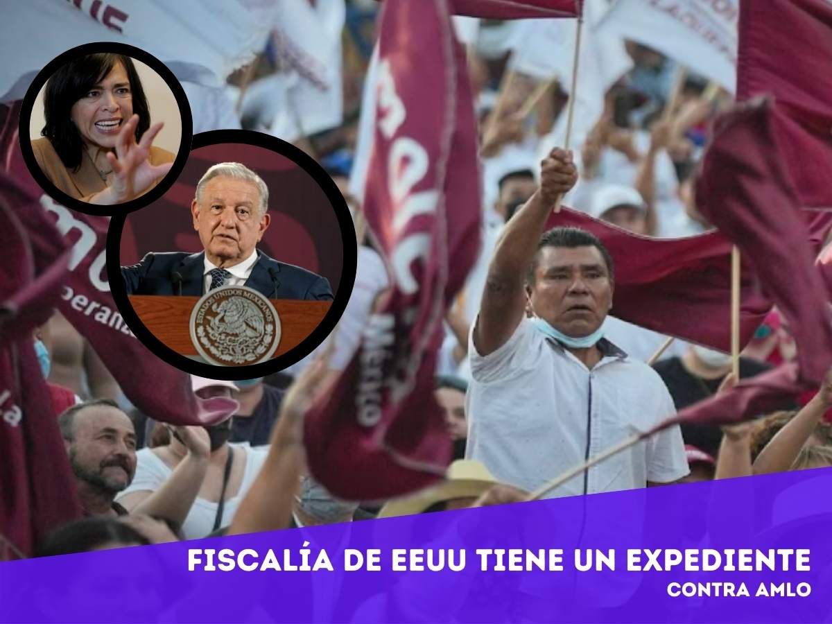 Andrés Manuel López Obrador en un evento público, con banderas de México de fondo.